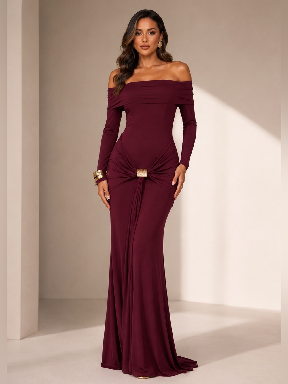 25- NEW - Burgundy Off Shoulder Bodycon Maxi Dress With Gold Detail
